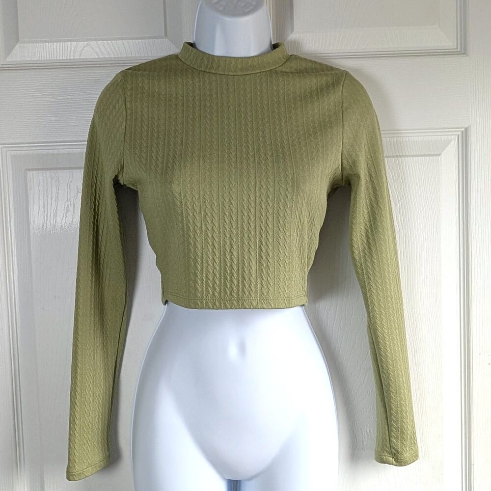 JULIA by Love J Crop Top Sage Green Cable Knit Long Sleeve Open Lace-Up Back S